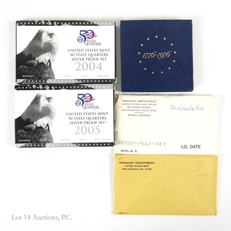 U.S. Mint Silver Proof & Unc. Mint Coin Sets, 5: Five (5) various silver U.S. Mint proof and uncirculated mint sets with estimated actual silver weights (ASW) as follows: ---1964 90%-silver 5-coin proof set (ASW = 0.614 ozt.); ---1970 P,D,S 40%
