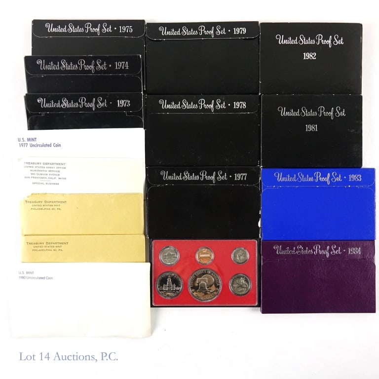 1963 - 1984 US Proof & Mint Sets in OGP (15): Fifteen (15) United States annual silver & clad proof and uncirculated coins mint sets in OGP as follows: ---1963 90%-silver 5-coin proof sets (one in SEALED OGP and one opened) (2); ---1965