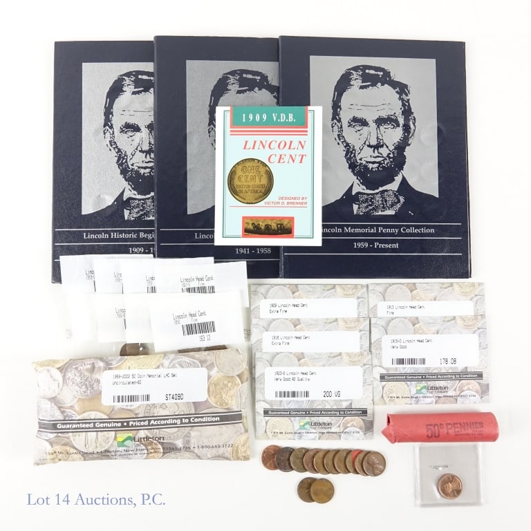 US Lincoln Wheat & Memorial Cents (+270): Over 270 United States Lincoln wheat (n = 97) and memorial cents (n=175) as follows: ---single Lincoln wheat cents in Littleton Coin Company holders: --1909 VDB (VF/EF); --1909 (EF); --1910 (F);
