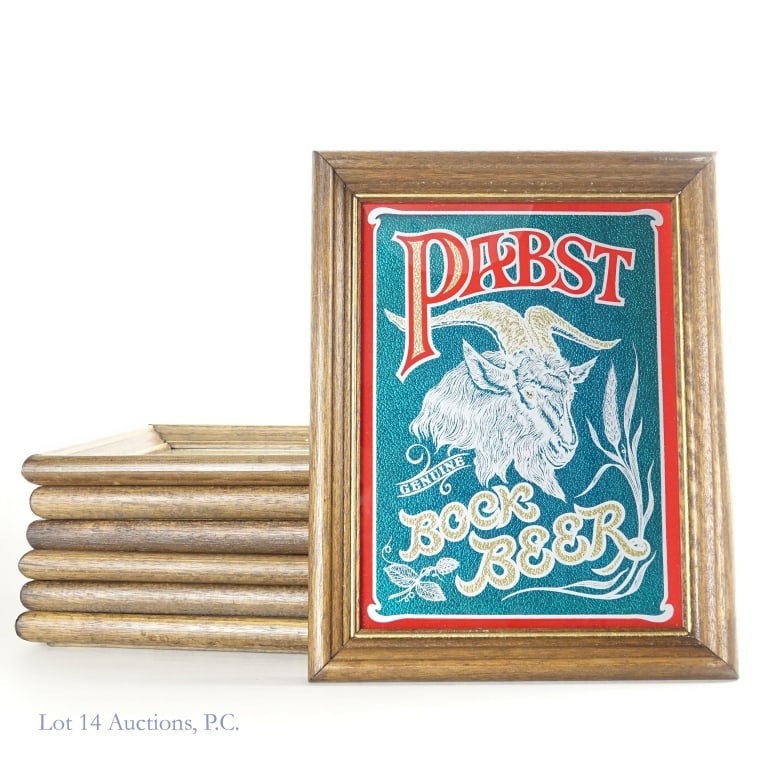 Seven Framed Bar Mirrors: Seven framed bar mirrors, all the same size of approximately 14.25 x 11.25". Each one has a different advertisement: Heineken, Pabst Bock Beer, Southern Comfort, Michelob, Pabst Blue Ribbon, and Beefe