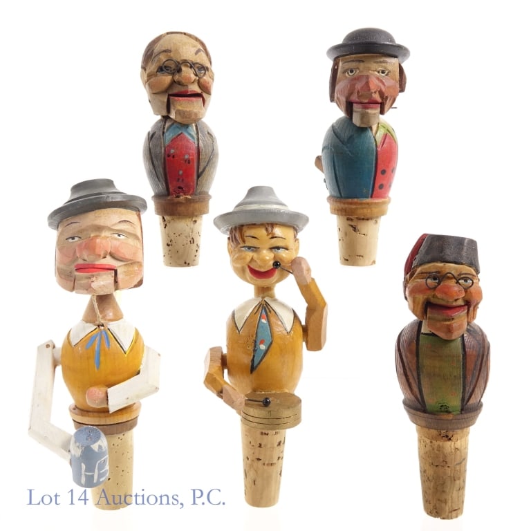Anri Carved Wooden Mechanical Bottle Stoppers (5): Five (5) functioning mechanical carved wooden bottle stoppers. Including drummer.