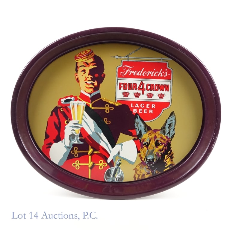 1940s Frederick's 4 Crown Beer Tray (NOS): New Old Stock - 1940s Frederick's Four Crown Lager Beer metal tray. Approximately 16.25" x 12.5". Very light wear. There is what appears to be adhesive residue to the left of the figure's
