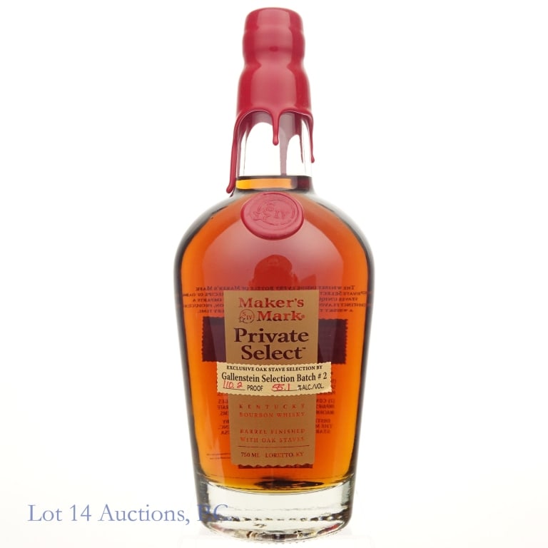 Maker's Mark Private Select Bourbon Gallenstein: Maker's Mark Private Selection Kentucky straight bourbon whiskey. Gallenstein Selection Batch #2. 110.2 proof. 750 ml. Oak finishing staves: Baked American puree 2, Seared French cuvee, and