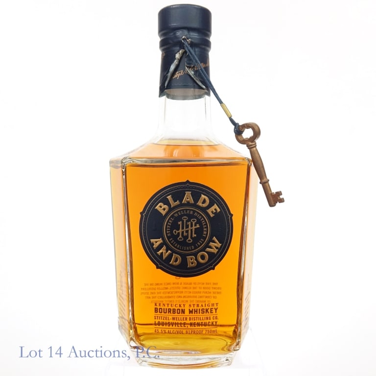 Blade and Bow Key #3 Bourbon Whiskey: Blade and Bow Kentucky straight bourbon whiskey. 45.5% ABV (91 proof). 750ml. Metal key #3 neck tag present. Stitzel-Weller Distillery. Capsule partially torn on the side where the key is hanging. See