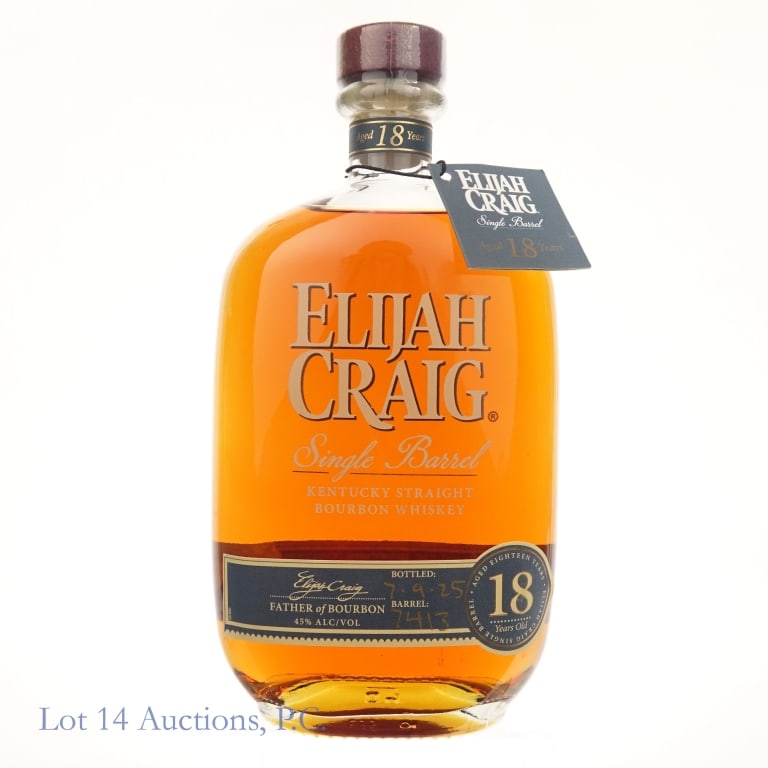 Elijah Craig 18 Year Single Barrel Bourbon, 2023: Elijah Craig Single Barrel Kentucky Straight Bourbon Whiskey, Aged 18 years. 90 proof, 750ml. Bottled 7-9-25. Barrel: 7413. With neck tag.