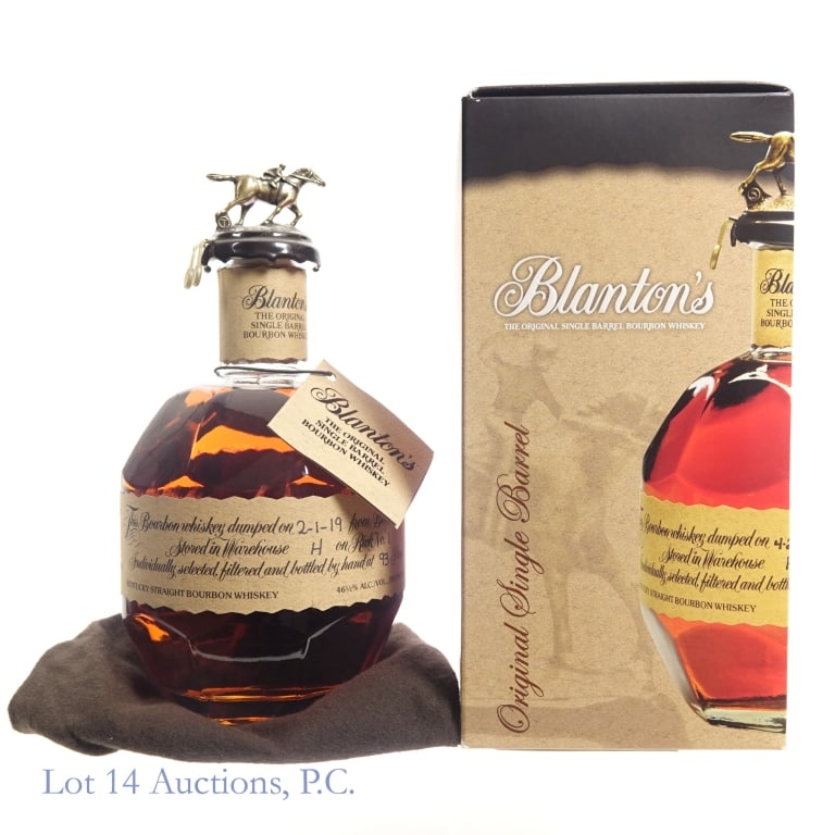 Blanton's Single Barrel Bourbon "T": Blanton's Single Barrel Bourbon, 93 Proof, 750 ml, Letter T, Dump Date: 2-1-19, Barrel #177, Bottle #248. Wax seal has a small crack. Drawstring bag and box included.