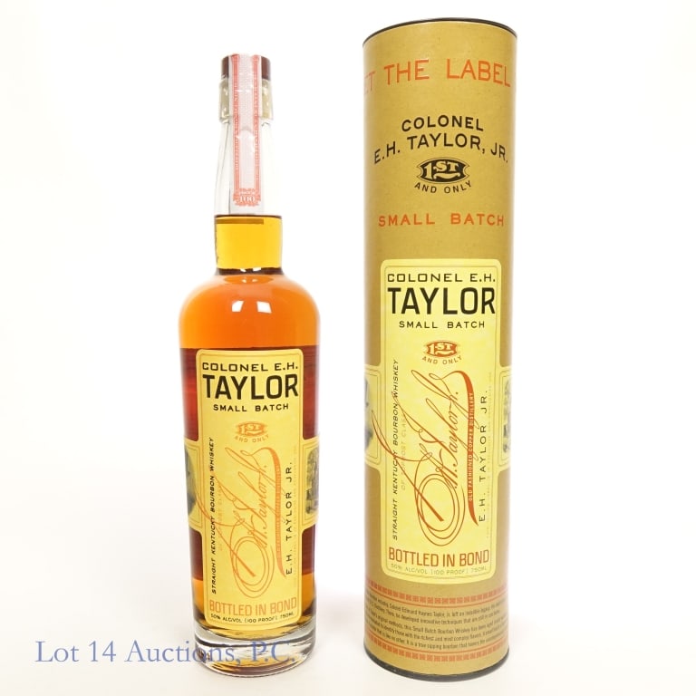 Colonel E.H. Taylor Small Batch Bourbon (2024): Colonel E.H. Taylor small batch straight Kentucky bourbon whiskey. Bottled in bond (100 proof). 750 ml. Incomplete etch: L24157 Q1 11 31D. Original canister.