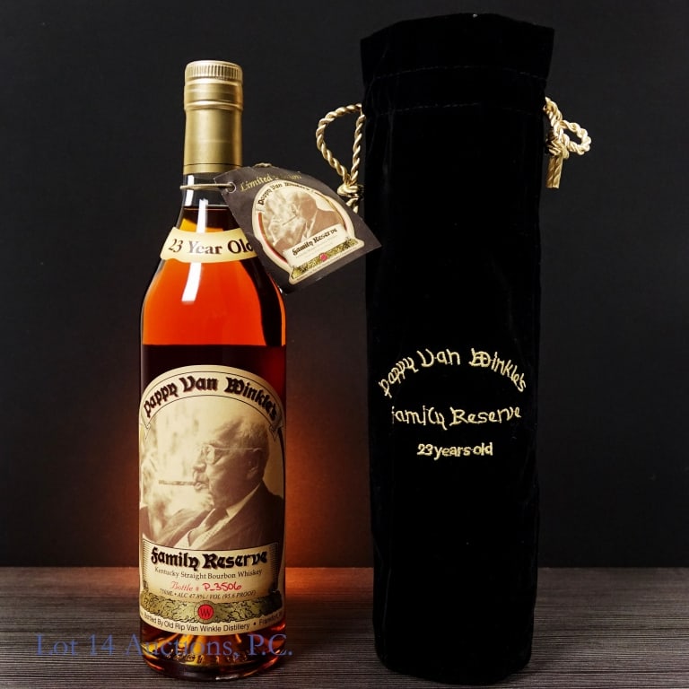 Pappy Van Winkle's Family Reserve 23 Yr Bourbon: Pappy Van Winkle's Family Reserve 23 Year Old Bourbon, 95.6 proof, 750ml, bottle #P-3506, in original embroidered drawstring bag.