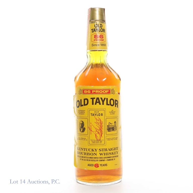 1980s Old Taylor 6 Year Bourbon: Old Taylor Kentucky Straight Bourbon Whiskey, Aged 6 Years, 86 Proof, 750 ml, 1982-1985 tax strip, "84" glass molding. Tax strip in very good condition. Some tears on front and back label. See photos
