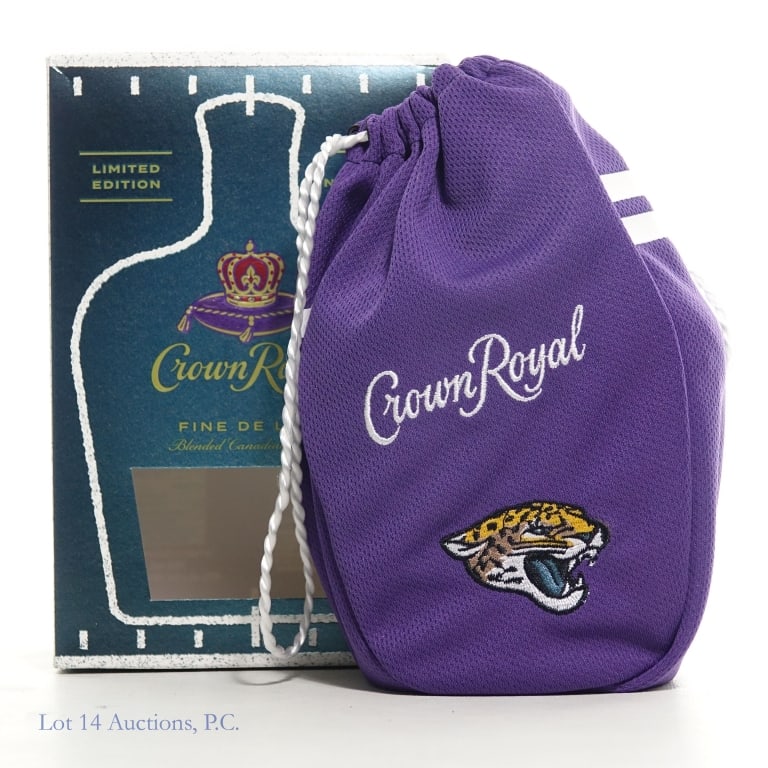 Crown Royal KC NFL Fine De Luxe Can Whisky (2024): Crown Royal Fine De Luxe Blended Canadian Whisky (2024), 80 Proof, 750 ml, 2024 Jacksonville Jaguars NFL commemorative bottle, Original box and bag included.