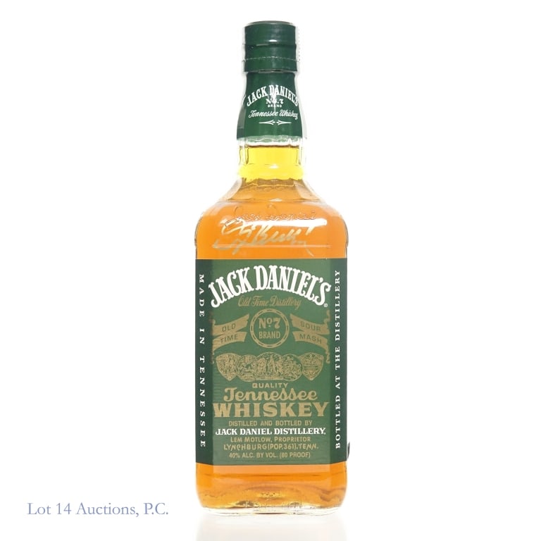 Jack Daniel's Green Label Tenn. Whiskey, Signed: Jack Daniel's Green Label Tennessee Whiskey, 80 Proof, 750ml, Signed by Master Distillers Jimmy Bedford and Frank Bobo.