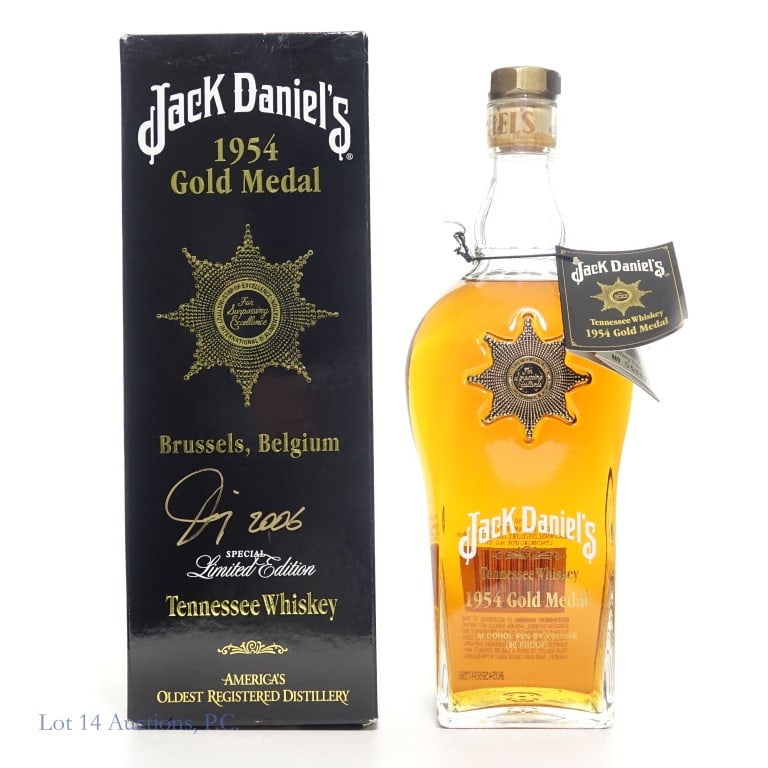 Jack Daniel's 1954 Gold Medal Tennessee Whiskey: Jack Daniel's 1954 Gold Medal Brussels, Belgium Tennessee Whiskey, 90 Proof, 750 ml, Bottle #05633. Signed by Master Distiller Jimmy Bedford. Box included.