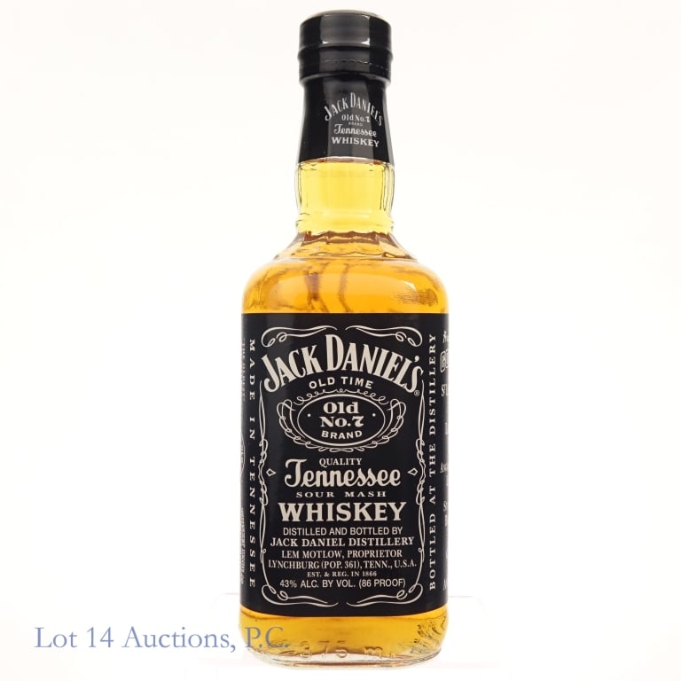 Signed Jack Daniel's Tenn. Whiskey, Bobo 375 ml: 375 ml bottle of Jack Daniel's Tennessee Whiskey, 86 proof. Signed by Frank Bobo, Master Distiller #5. Back label starting to peel