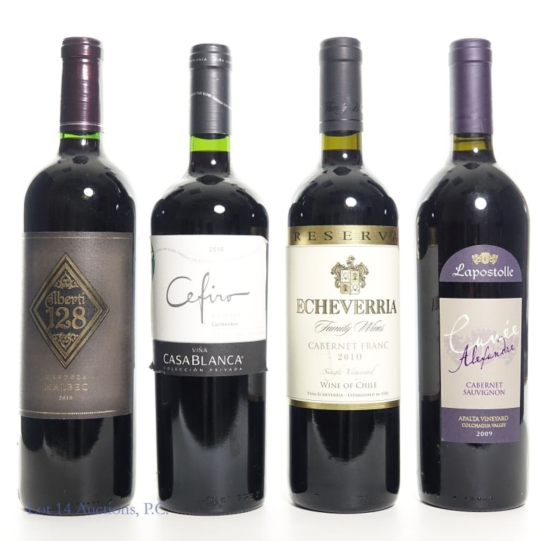 Four South American Wines (3 Chile, 1 Argentina): Four wines from South America. Three are Chilean: the first is a 2009 Lapostolle Cuvee Alexandre Cabernet Sauvignon, 750ml, 14.1% ABV; the second is a 2010 Echeverria Family Wines Cabernet Franc, 750m