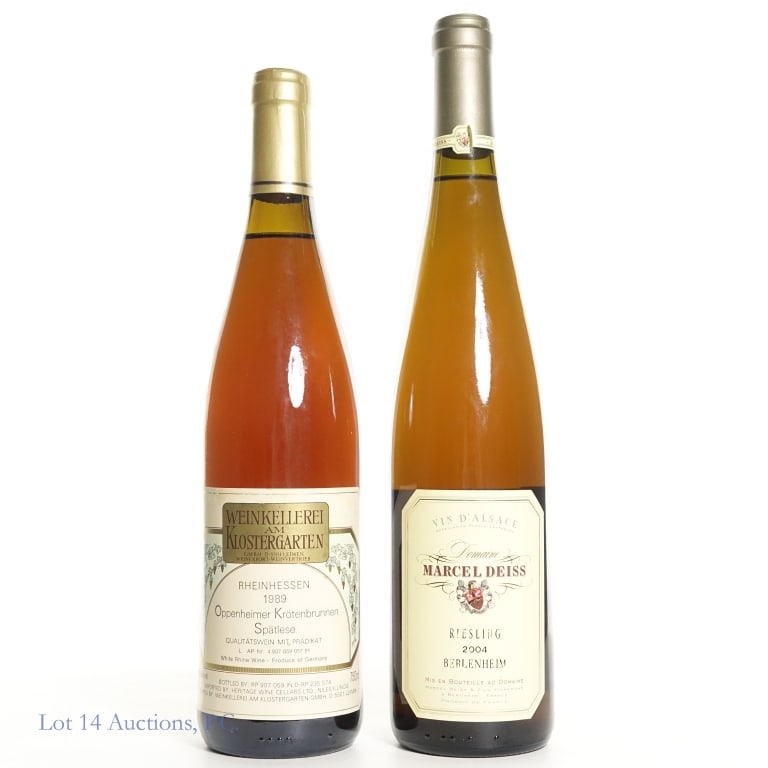 2 German wines - 89 Rheinhessen & 04 Riesling: 1989 Weinkellerei am Klostergarten Oppenheimer Kr?tenbrunnen Sp?tlese, 750ml., 9.5%abv - AND - 2004 Marcel Deiss Riesling, Beblenheim Vin d'Alsace, 750ml., 12.5%abv. Please see photos for fill level,