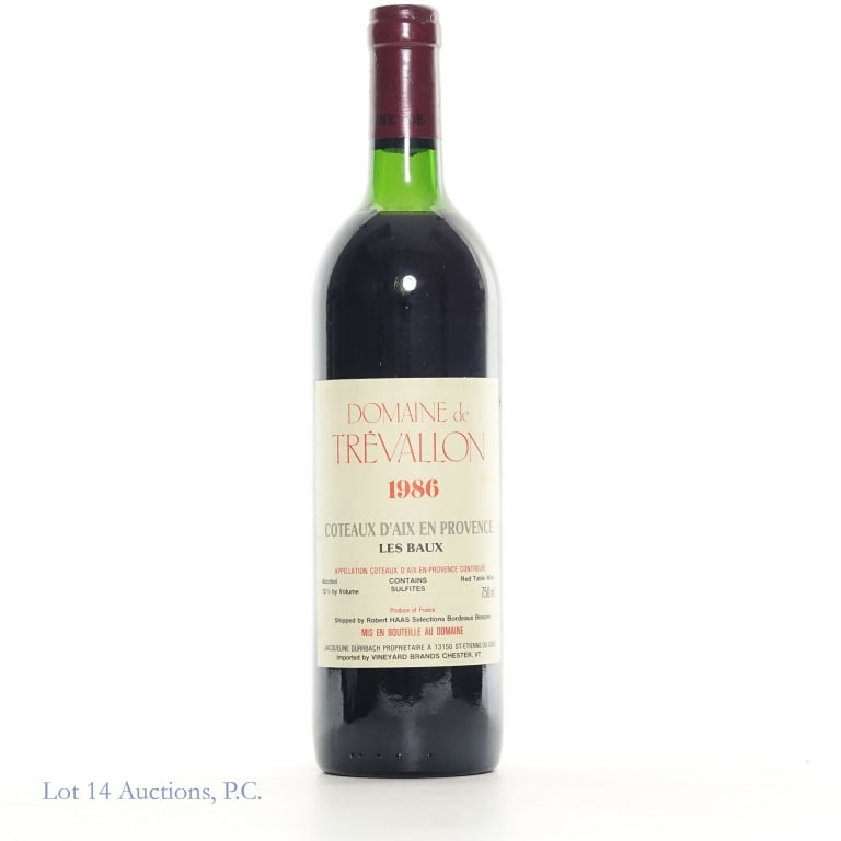 1986 Domaine de Trevallon: 1986 Domaine de Trevallon Coteaux d'aix en Provence; Les Baux. 750ml, 12%abv. Consigned by the estate of the collector who stored wine and champagne bottles horizontally in the family's temperature-co