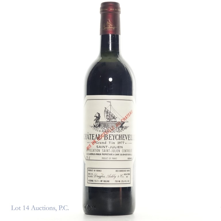 1977 Chateau Beychevelle Bordeaux, France: 1977 Chateau Beychevelle Bordeaux, France. 750ml, 12.2%abv. Consigned by the estate of the collector who stored wine and champagne bottles horizontally in the family's temperature-controlled purpose-b