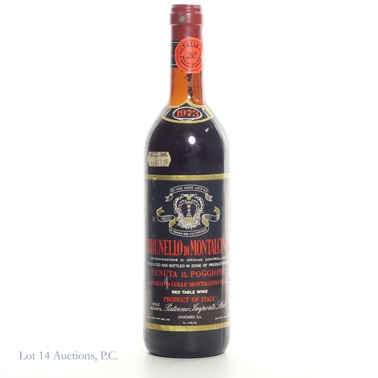 1973 Brunello di Montalcino Tenuta il Poggione: 1973 Brunello di Montalcino Tenuta il Poggione, Sangelo in Colle - Montalcino, Italy. 1 Pt., 8 oz., 13.5% abv. Fill level is at top of shoulder. Limited production - 6,000 cases annually. See photos f