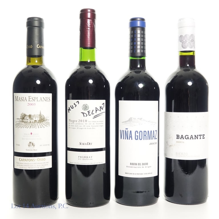 Four Spanish Wines (2003-2013): Four Spanish wines from between the years of 2003 and 2013. First is a 2003 Masia Esplanes Capafons-Osso red blend, 750ml, 14% ABV. The second is a 2010 Scala Dei Negre Priorat, 750ml, 14.5% ABV. The
