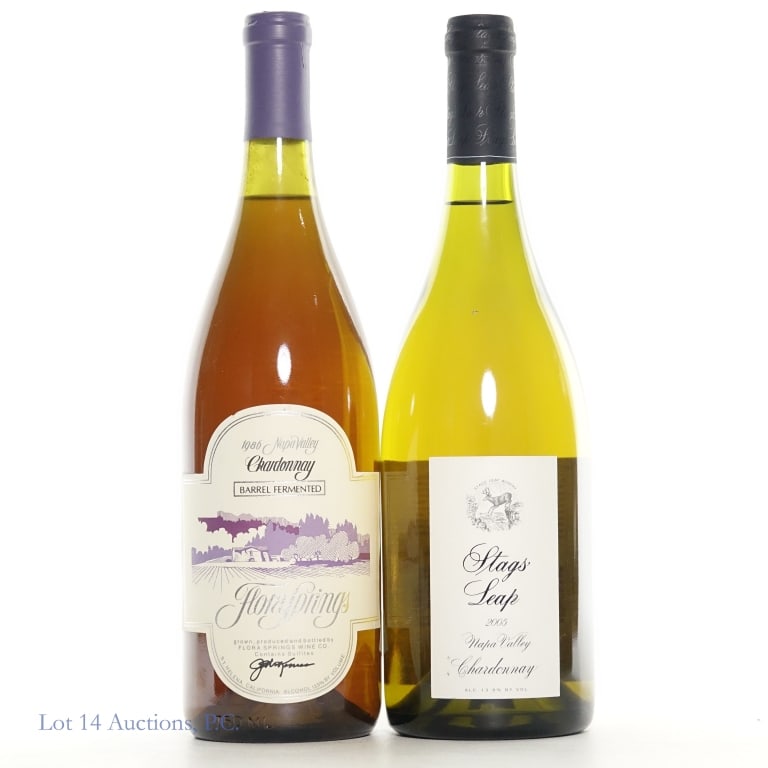 05 Stags' Leap & 86 Flora Springs Chardonnay (2): Two California Chardonnays - 2005 Stags' Leap Chardonnay, Napa Valley, 750ml., 13.8% abv, and 1986 Flora Springs Chardonnay, Barrel fermented, 750ml., 13.5%abv. Both bottles' vineyards are in Napa Val