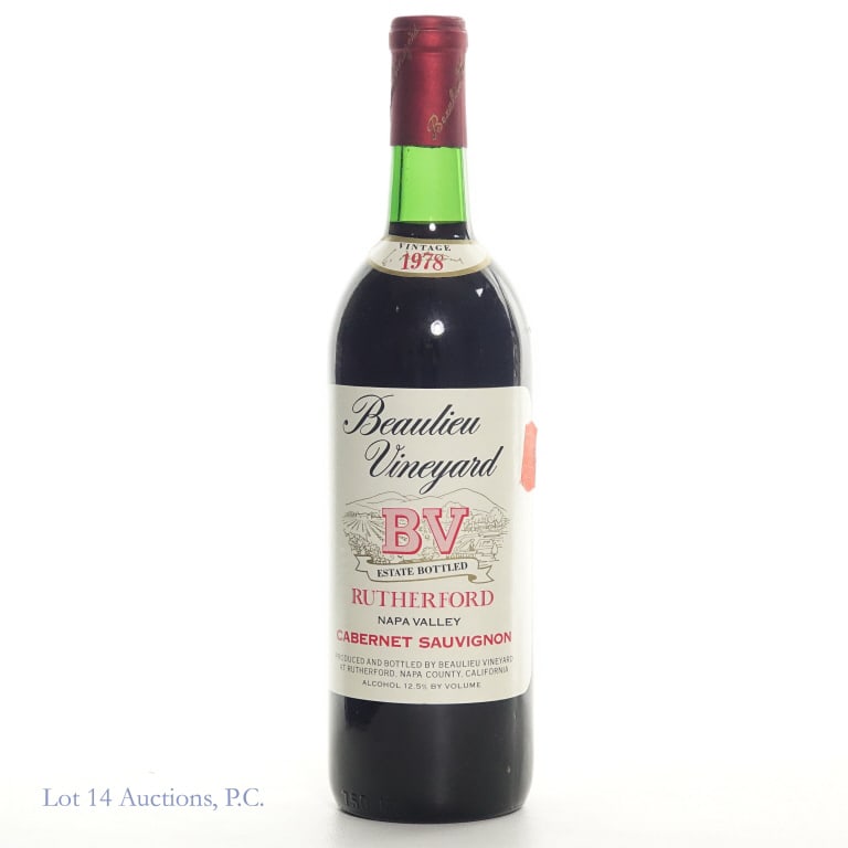 1978 Beaulieu Vineyard Rutherford Cabernet Sauv.: 1978 Beaulieu Vineyard - BV - Rutherford Napa Valley Cabernet Sauvignon. 750ml., 12.5%abv. Consigned by the estate of the collector who stored wine and champagne bottles horizontally in the family's t