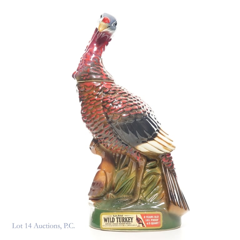 OPEN Wild Turkey 8 Yr Ceramic Decanter #4: (NOTE: Lot 14 Auctions will ONLY ship this decanted into a travel flask). 1984 Wild Turkey 8 Yr Bourbon Porcelain Decanter, 101 Proof, 4/5 qt, Limited Edition Ceramic No. 4 (wild turkey & single poult