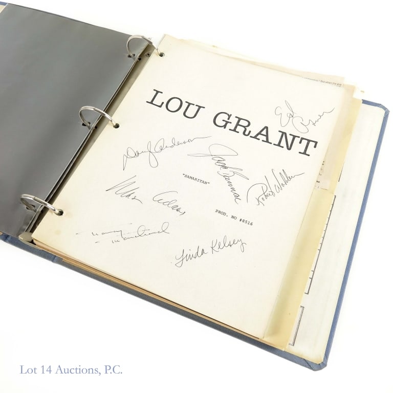 Lou Grant Complete Script (Cast Autographed): *** This lot is sold "as is" with no COAs or guarantees. *** Binder includes manuscripts and newspaper / magazine articles that appear to be from the 1970s, but the highlight is what appears to be a S