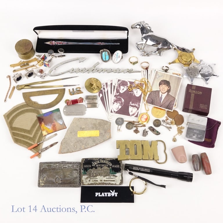 Grandfather's Drawer - Military, Jewelry & More: Grandfather Drawer - Military insignia, belt buckles, cufflinks, tie pins, jewelry, vintage Beatles cards, jasper agate beads, Mustang front sign and more. See photos for details and selection.