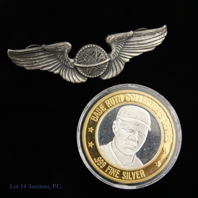 USA Silver WW2 Army Aviation Wings & Ruth Token, 2: Two (2) United States silver military wings and baseball token as follows: ---World War II era U.S. Army Air Force navigator wings with center armillary sphere (astrolabe) which symbolizes the