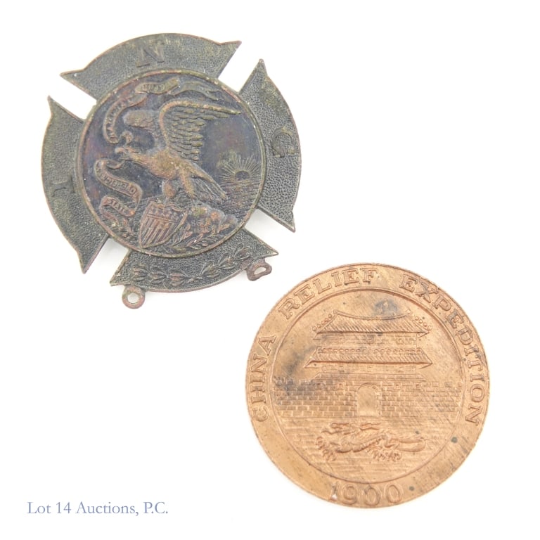 1896? & 1900 US Military Medals, 2: Two (2) United States military medals as follows: ---(1896?) late 19th early 20th century brass Illinois National Guard badge in Maltese cross shape. Reverse has "S. U. A. Childs & Co Engravers