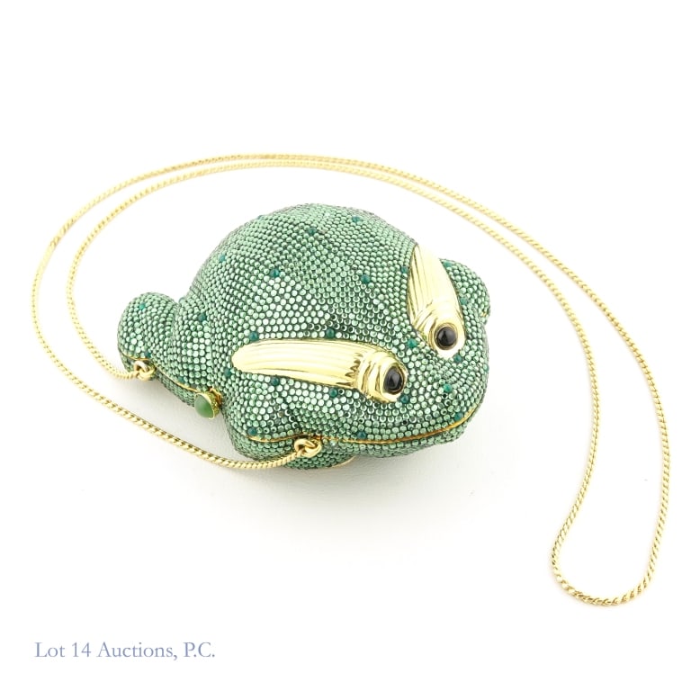 Judith Leiber Crystal Frog Minaudiere: Small clutch purse covered in green rhinestones from Judith Leiber. Included inside the bag is a small comb, a compact mirror, and a coin purse. Measures approximately 5 x 4 x 2.5", with a strap