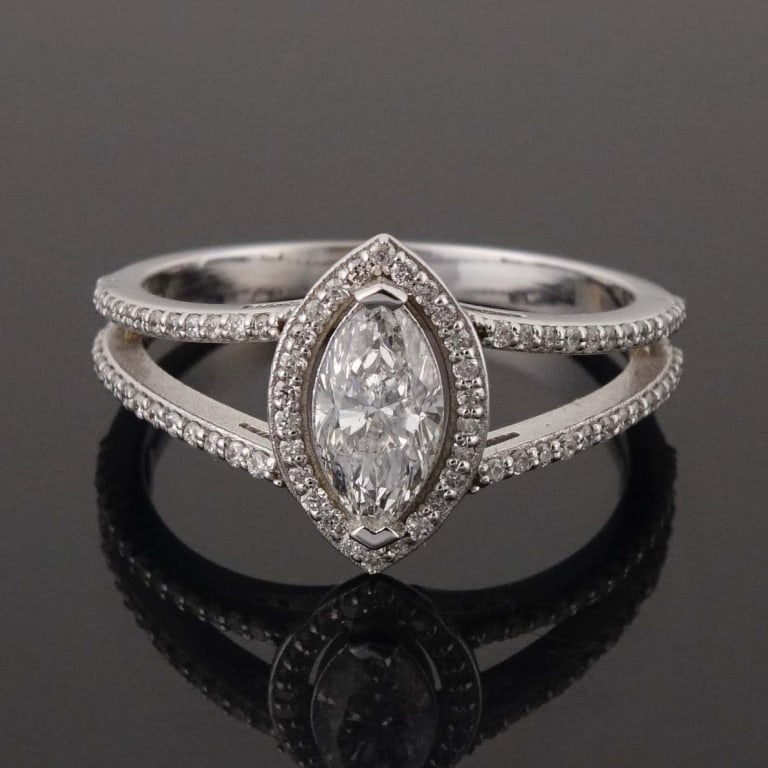 14k White Gold Diamond Engagement Ring w/ ID: Size 6 classic engagement style ring made with 14k white gold, decorated with diamonds (0.50 cttw center, 0.20 cttw sidestone). Total weight of ring is approximately 2.44g. Identification and appraisa