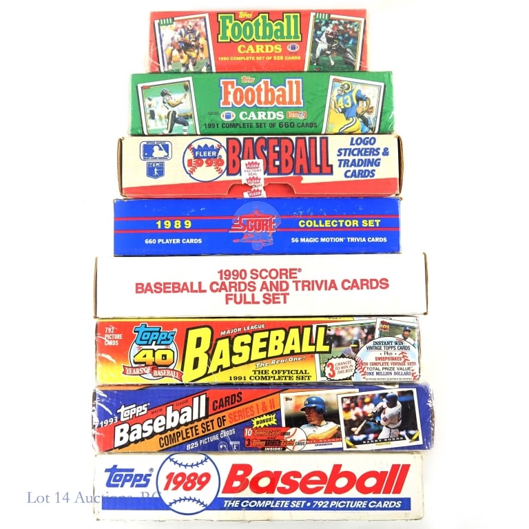 Baseball & Football Cards - Complete Sets (8): Eight (8) complete sets of sports cards: 1989 Topps (appears complete) *** 1989 Score (appears complete) *** 1990 Fleer (appears to be complete) *** 1990 Score (factory sealed) *** 1991 Topps