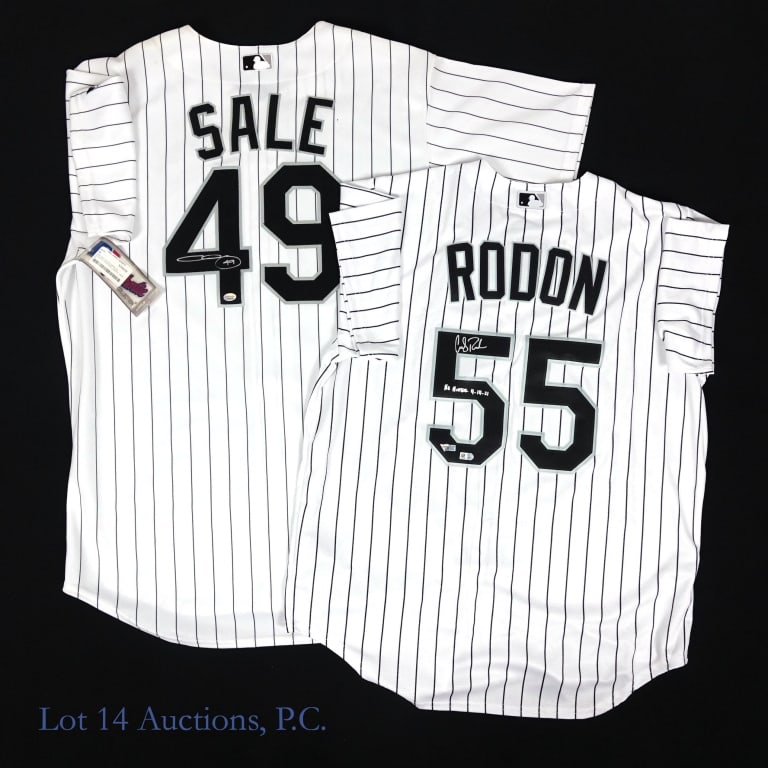 Carlos Rodon & Chris Sale Signed Jerseys W/COA's: Size 48 Majestic Authentic White Sox jersey signed by Chris Sale. Sale used a silver Sharpie type pen to sign across the numeral 4 on the back side of the jersey. The signature has a hologram sticker