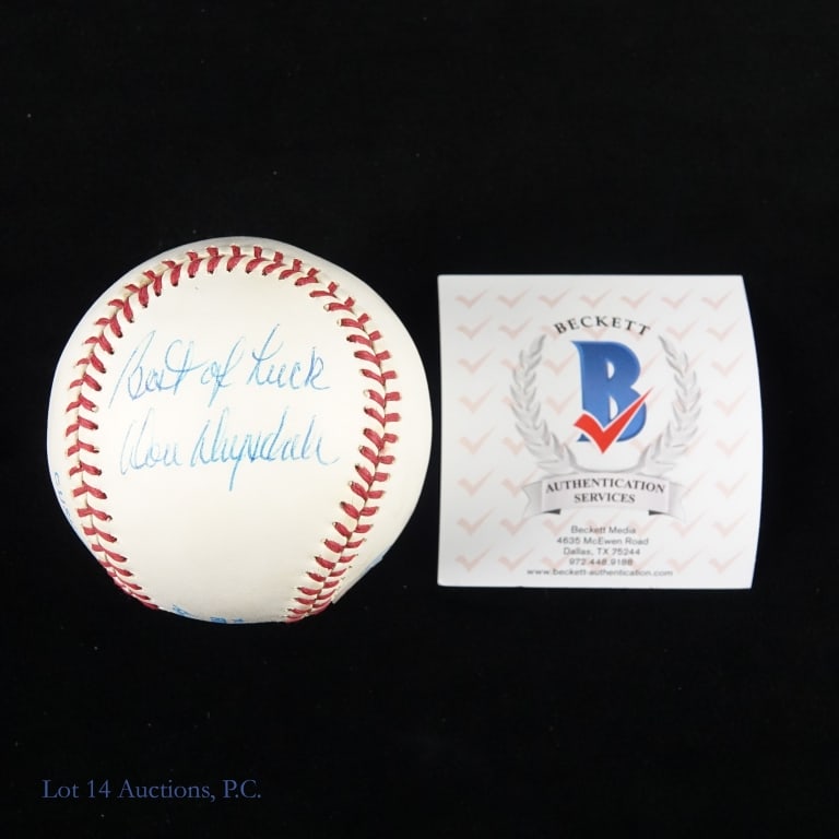 Don Drysdale Signed Baseball Beckett COA: Official American League (Brown) baseball signed on a side panel by Don Drysdale. Drysdale signed with a blue pen and added the salutation "Best of Luck" to his signature. The vintage ball