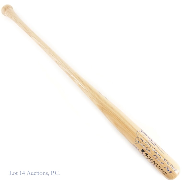 Denny McLain Heavily Inscribed Baseball Bat (PSA): 3x Series Ash Genuine Louisville Slugger baseball bat. "4" embossed on knob. Starting just below the barrel brand is inscribed in blue sharpie: "Only player to win MVP + Cy in 1968 in same year + did