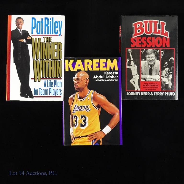 Auto'd Basketball Books Riley Jabbar Kerr (3): Three basketball themed books penned by NBA Legends. There is a copy of The Winner Within signed by Pat Riley *** Kareem signed Abdul-Jabbar 4/4/90 *** Bull Session signed by Johnny Red Kerr. 