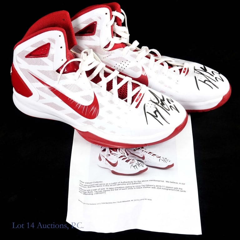 Bulls Taj Gibson Signed Size 16 Sneakers JSA: Pair of size 16 Nike sneakers signed by Taj Gibson on the toe of each sneaker. The sneakers date to Taj Gibson's 2010-11 season with the Bulls. The shoes come with a Letter of Authenticity from