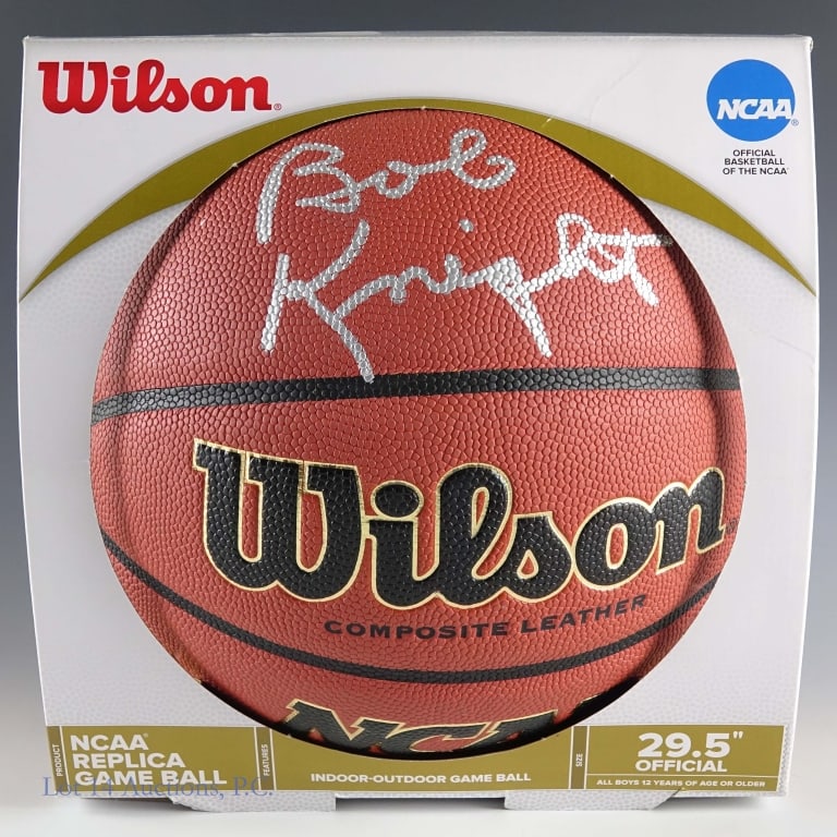 Bob Knight Signed Basketball (Schwartz): Wilson NCAA replica game basketball signed in silver by Bob Knight. Schwartz Sports hologram sticker on back (A193388). We have verified this number at Schwartz Sports' website, but you should