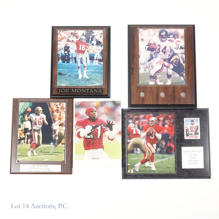Sgd Photos Payton Montana Sanders Young (5): Collection of five photos signed by former football players. Four photos are mounted on wooden plaques, these photos include Walter Payton, Joe Montana (2), and Steve Young, We believe all four