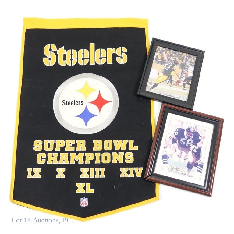 Lambert Polamalu Sigd Pics + Steelers Felt Banner: *** This lot is sold "as is" with no guarantees *** Three (3) items: Jack Lambert signed 8" x 10" color photo (inscribed "#58" and "HOF 90". Frame measures approximately 11" x 13-5/8". This