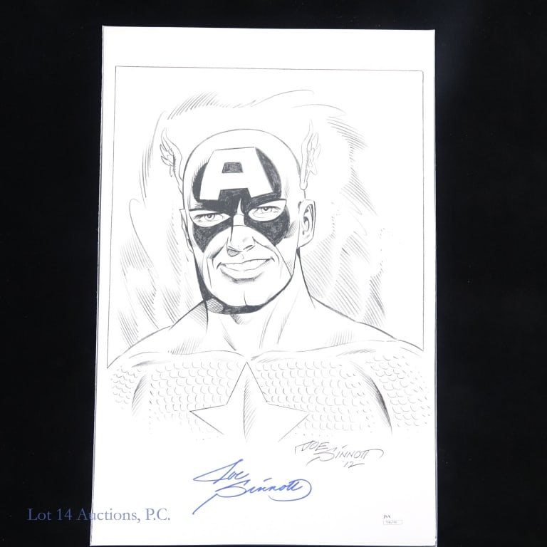 Joe Sinnott Signed Captain America Print w/ COA: Joe Sinnott Signed Captain America Print w/ COA. 11" x 17" Captain America print signed by the artist Joe Sinnott. JSA #T46746. Bottom corners of print are bent. See photos for more details