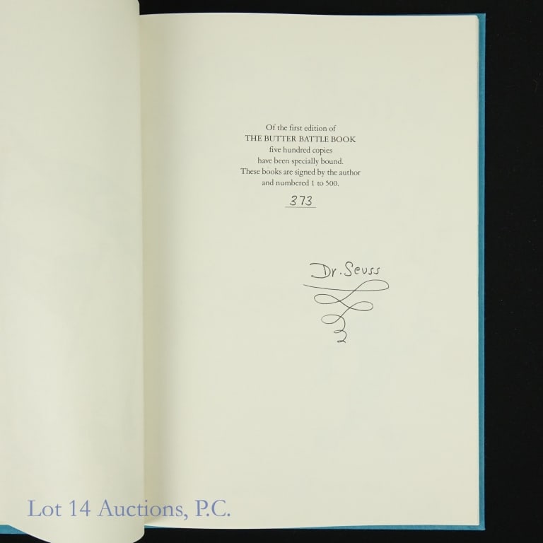 Butter Battle Book (1st Edition Dr. Seuss Signed): First edition of "The Butter Battle Book", number 373 of 500 copies signed by Dr. Seuss (1904 - 1991). Original slipcover. Published in 1984 by Random House, this was Dr Seuss' anti-arms race and anti