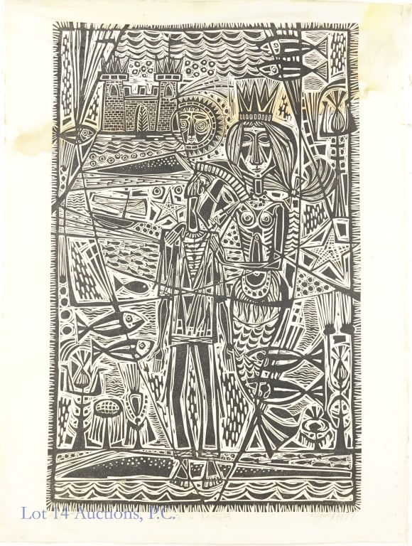 Vytautas Ignas Linocut Print "Jurate and Kastytis": LOCAL PICKUP OR THIRD PARTY SHIPPING ONLY. Large linocut print by Lithuanian artist and graphic designer Vytautas Ignas (1924-2009) titled "Jurate and Kastytis". Numbered 27/75 in the bottom left, and
