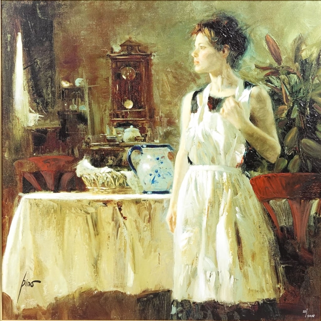 Pino "Sunday Chores" Lim Ed Sgd Giclee Print: LOCAL PICKUP OR THIRD PARTY SHIPPING ONLY. Limited edition giclee print on canvas of the piece "Sunday Chores" by famous Italian-American artist Pino Daeni (1939-2010). Numbered 20/50AP. Good conditio