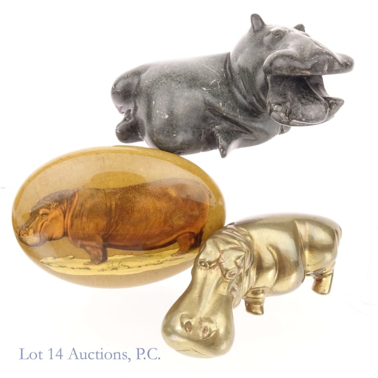 Carved Stone & Brass Hippo Statues, Paper Weight (1 of 9)