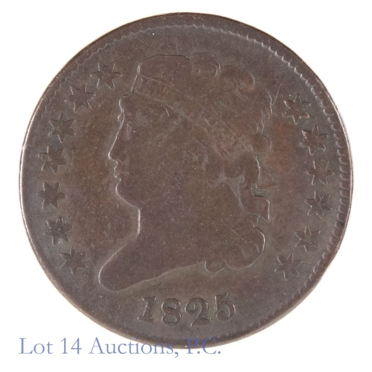 1825 US Classic Head 1/2 Cent (SE R-4.8): 1825 classic head half cent (Philadelphia Mint). Designer John Reich. Mintage is 63,000 with a PCGS survival estimate (SE) of 1,500 (R-4.8). ** Lot 14 Auctions is not a professional numismatic grading