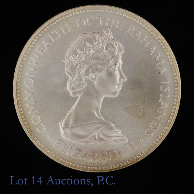 1971 Bahamas 92.5%-Silver $2 (*Gem BU): 1971 Bahamas 92.5%-silver $2 coin (Franklin Mint). Reverse features national bird - two flamingos. *Per consigner, in Gem BU condition. Metal is 92.5% silver, weighs 29.8 grams (ASW is 0.8862ozt) and