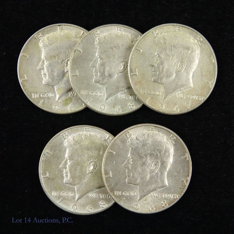 1967 & 1968-D US 40%-Silver Kennedy 50c, 5 (1 of 3)