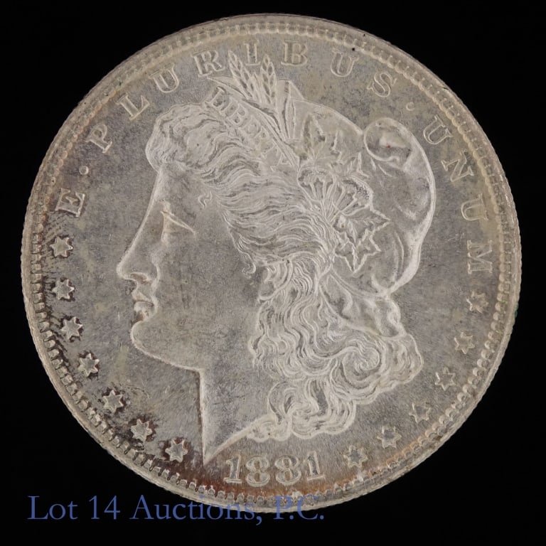 1881-S US 90%-Silver Morgan Dollars (*BU): 1881-S United States silver Morgan dollar (San Francisco Mint). *Per consigner, with light toning and semi proof surfaces in BU condition. Metal is 90% silver and weighs 26.73 grams. Silver content co